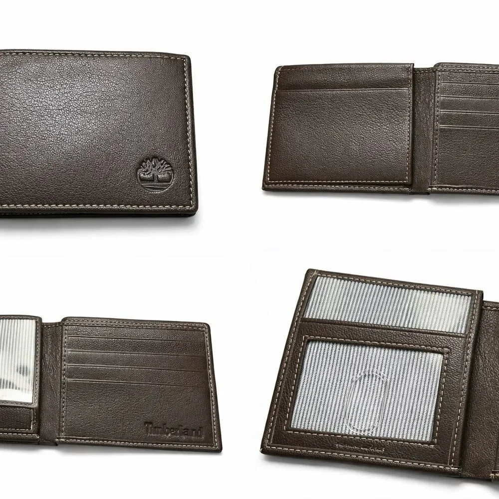 Timberland Men’s Leather Bifold Wallet Brown ID Window